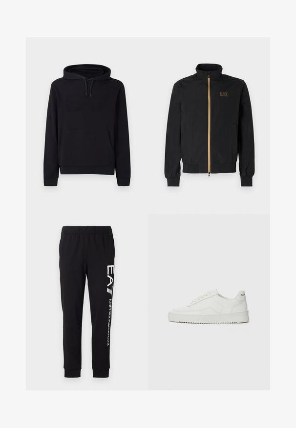 Giacca bomber nera realizzata in tessuto liscio. Presenta un alto colletto, una cerniera dorata e il logo EA7 sul lato sinistro del petto. Polsini e orlo elasticizzati.; Felpa nera con cappuccio, dotata di tasca frontale a marsupio e logo EA7 in rilievo sul petto. Realizzata in tessuto morbido, dalla vestibilità rilassata.; Pantaloni della tuta neri realizzati in un tessuto elastico. Presentano una vita elastica, polsini affusolati e un marchio bianco sulla gamba sinistra.; Sneaker in pelle bianca con una finitura liscia, punta rotonda, lacci piatti e suola testurizzata. Presenta un logo discreto sul tallone.