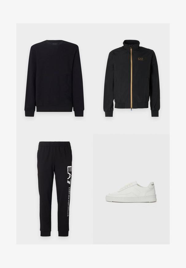 Černá bomber bunda vyrobená z hladké látky. Má vysoký límec, zlatý zip a logo EA7 na levé hrudi. Elastické manžety a lem.; Černá mikina vyrobená z měkké tkaniny; má kulatý výstřih, dlouhé rukávy a vyražené logo "EAC" na dolní levé straně.; Černé tepláky vyrobené z elastického materiálu. Mají elastický pas, zúžené nohavice a bílé logo na levé noze.; Bílé kožené tenisky s hladkým povrchem, kulatou špičkou, plochými tkaničkami a texturovanou podrážkou. Na patě se nachází nenápadné logo.