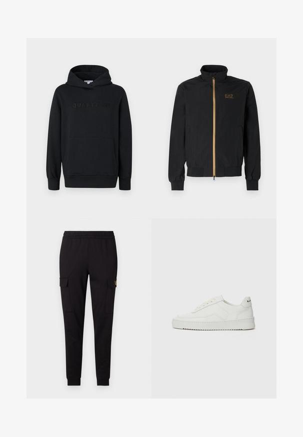 Černá bomber bunda vyrobená z hladké látky. Má vysoký límec, zlatý zip a logo EA7 na levé hrudi. Elastické manžety a lem.; Černá mikina s kapucí, měkká tkanina, design přes hlavu, přední klokaní kapsa, embosované logo "QUARTZ CO" na hrudi, elastické manžety a lem.; Černé tepláky vyrobené z měkké látky, s designem zužujících se nohavic a dvěma bočními kapsami na cargo s diskrétním logem na jedné z kapes.; Bílé kožené tenisky s hladkým povrchem, kulatou špičkou, plochými tkaničkami a texturovanou podrážkou. Na patě se nachází nenápadné logo.