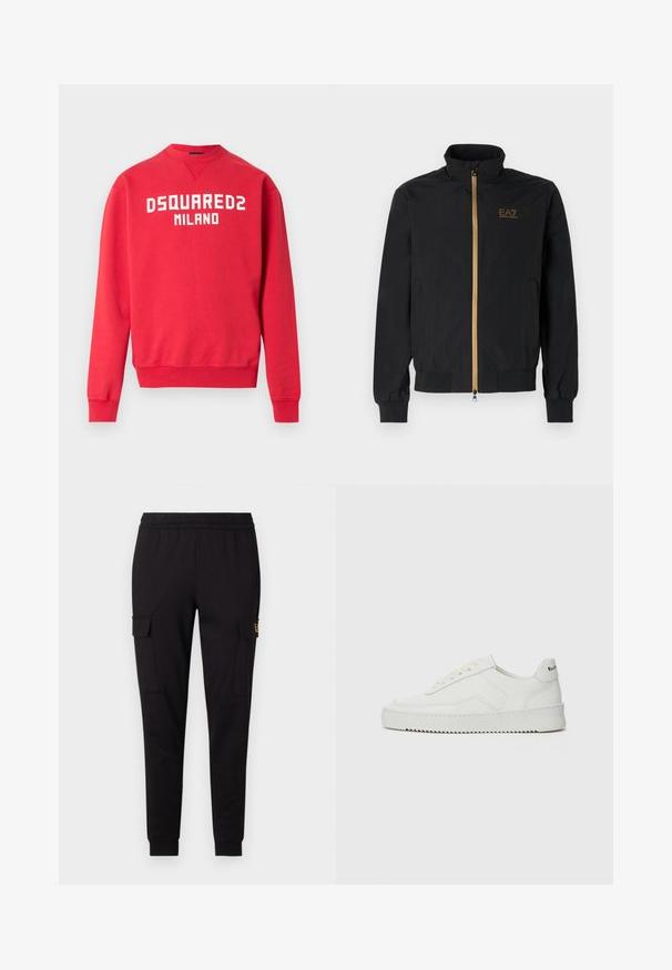 Chaqueta bomber negra hecha de una tela suave. Presenta un cuello alto, cremallera dorada y el logo de EA7 en el lado izquierdo del pecho. Puños y dobladillo elásticos.; Sudadera roja con la inscripción "DSQUARED2 MILANO" en letras blancas de bloque en el frente, con puños y dobladillo acanalados.; Pantalones de chándal negros hechos de tela suave, que presentan un diseño de pernera ajustada y dos bolsillos laterales tipo cargo con un logotipo sutil en uno de los bolsillos.; Zapatilla de cuero blanca con un acabado suave, puntera redonda, cordones planos y suela texturizada. Cuenta con un sutil logo en el talón.
