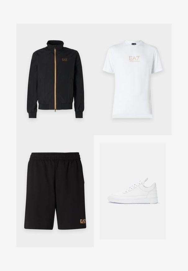 Fekete bomber dzseki sima szövetből. Magas gallérral, arany cipzárral és az EA7 logóval a bal mellen. Rugalmas mandzsetták és alj.; Fehér pamut póló, kerek nyakkivágással és rövid ujjakkal, az elején arany EA7 Emporio Armani logóval nyomtatva.; Fekete sportnadrág puha anyagból, rugalmas derékkal és egy kis sárga EA7 logóval a bal alsó lábszáron.; Fehér bőr sportcipők sima textúrával, lekerekített orral és lapos talppal. Ezüst fűzőlyukakkal és minimalista dizájnnal rendelkezik.