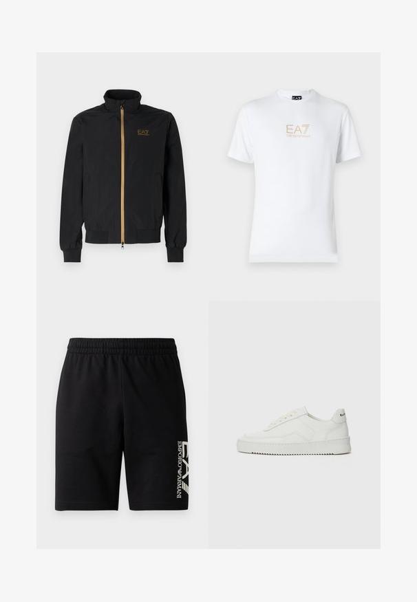 Černá bomber bunda vyrobená z hladké látky. Má vysoký límec, zlatý zip a logo EA7 na levé hrudi. Elastické manžety a lem.; Bílé bavlněné tričko s kulatým výstřihem a krátkým rukávem, na přední straně s potiskem zlatého loga EA7 Emporio Armani.; EA7 Emporio Armani TRAIN VISIBILITY - Šortky - black/cream; Bílé kožené tenisky s hladkým povrchem, kulatou špičkou, plochými tkaničkami a texturovanou podrážkou. Na patě se nachází nenápadné logo.