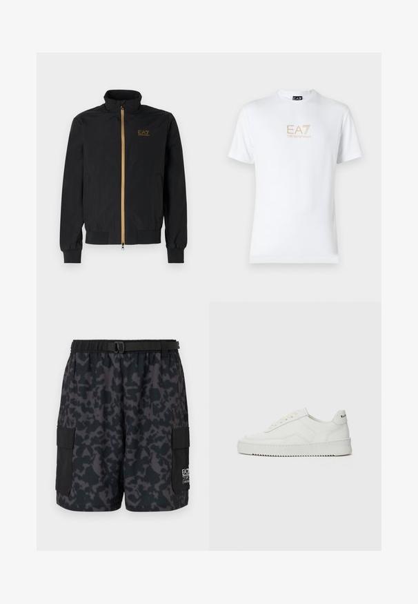 Črna bomber jakna iz gladkega materiala. Ima visok ovratnik, zlat zadrgo in logotip EA7 na levi prsni strani. Elastični manšeti in spodnji rob.; Bela bombažna majica s krožnim izrezom in kratkimi rokavi, s pozlačenim logotipom EA7 Emporio Armani natisnjenim spredaj.; Črne kratke hlače z temnim kamuflažnim vzorcem, elastičnim pasom, stranskimi žepi in pasom z sponko. Narejene iz lahkotnega in udobnega materiala.; Bela usnjena športna obutev z gladko površino, okroglo prst, ravne vezalke in teksturiran podplat. Ima diskretno logo na peti.