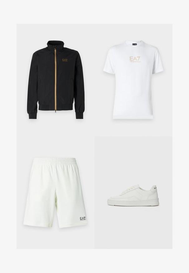 Black bomber jacket made from smooth fabric. Features a high collar, gold zipper, and EA7 logo on the left chest. Elastic cuffs and hem.; White cotton t-shirt featuring a round neckline and short sleeves, with a gold EA7 Emporio Armani logo printed on the front.; White elastic waist shorts with EA7 Emporio Armani logo in black on bottom right leg.; White leather sneaker with a smooth finish, round toe, flat laces, and a textured sole. Features a subtle logo on the heel.