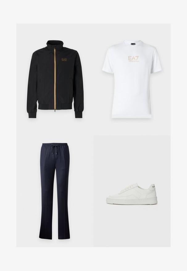 Schwarze Bomberjacke aus glattem Stoff. Verfügt über einen hohen Kragen, einen goldenen Reißverschluss und ein EA7-Logo auf der linken Brust. Elastische Bündchen und Saum.; Weißes Baumwoll-T-Shirt mit Rundhalsausschnitt und kurzen Ärmeln, mit einem goldenen EA7 Emporio Armani-Logo auf der Vorderseite.; Marineblaue weite Hose aus weichem Stoff mit elastischem Bund und Kordelzug. Verfügt über eine glatte Textur und kein sichtbares Muster.; Weiße Ledersneaker mit glatter Oberfläche, runder Zehenpartie, flachen Schnürsenkeln und strukturiertem Sohlenprofil. Mit einem dezenten Logo an der Ferse.