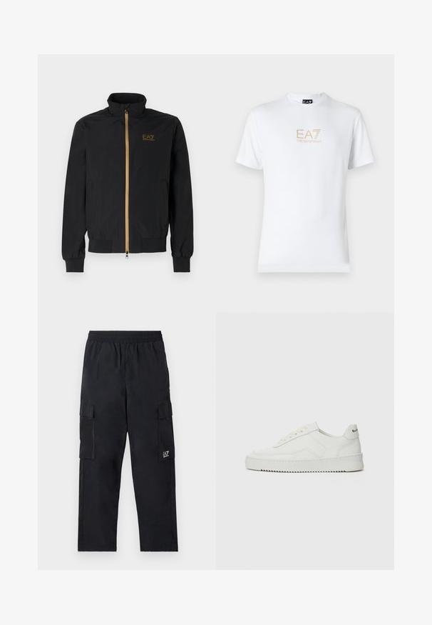 Czarna kurtka bomberka wykonana z gładkiego materiału. Ma wysoki kołnierz, złoty zamek błyskawiczny oraz logo EA7 na lewej piersi. Elastyczne mankiety i dół.; Biała bawełniana koszulka z okrągłym dekoltem i krótkimi rękawami, z nadrukowanym z przodu złotym logo EA7 Emporio Armani.; Czarne spodnie cargo z elastycznym pasem, bocznymi kieszeniami i małym logo na lewej nogawce. Wykonane z lekkiego, gładkiego materiału.; Białe skórzane sneakersy o gładkim wykończeniu, okrągłym nosku, płaskich sznurówkach i teksturowanej podeszwie. Charakteryzują się delikatnym logo na pięcie.