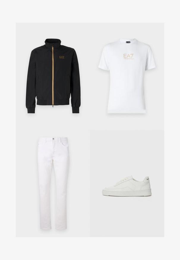 Fekete bomber dzseki sima szövetből. Magas gallérral, arany cipzárral és az EA7 logóval a bal mellen. Rugalmas mandzsetták és alj.; Fehér pamut póló, kerek nyakkivágással és rövid ujjakkal, az elején arany EA7 Emporio Armani logóval nyomtatva.; Fehér farmernadrág, egyenes szabással, két elülső zsebből, egy hátsó zsebből és fémből készült gombos záródásból áll a deréknál.; Fehér bőr sportcipő sima felülettel, kerek orral, lapos fűzőkkel és texturált talppal. Finom logó található a sarokon.