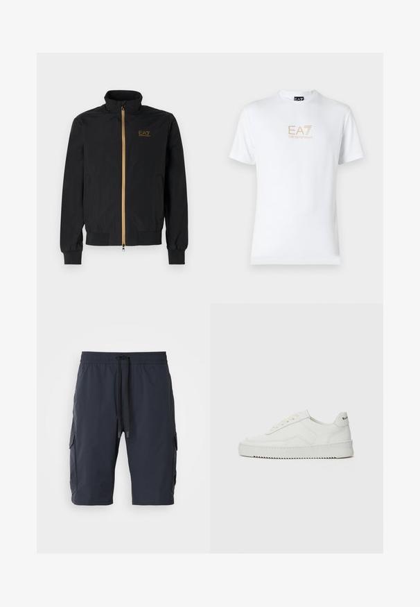 Čierna bomber bunda vyrobená z hladkej látky. Má vysoký golier, zlatý zips a logo EA7 na ľavej hrudi. Elastické manžety a lem.; Biela bavlnená tričko s okrúhlym výstrihom a krátkymi rukávmi, na prednej strane s potlačou zlatého loga EA7 Emporio Armani.; Námornícke cargo šortky s elastickým pásom, šnúrkovým zapínaním vpredu, bočnými vreckami a hladkou štruktúrou. Odolná látka vhodná na bežné nosenie.; Biele kožené tenisky s hladkým povrchom, okrúly špičkový dizajn, ploché šnúrky a textúrovaná podrážka. Obsahujú jemné logo na päte.