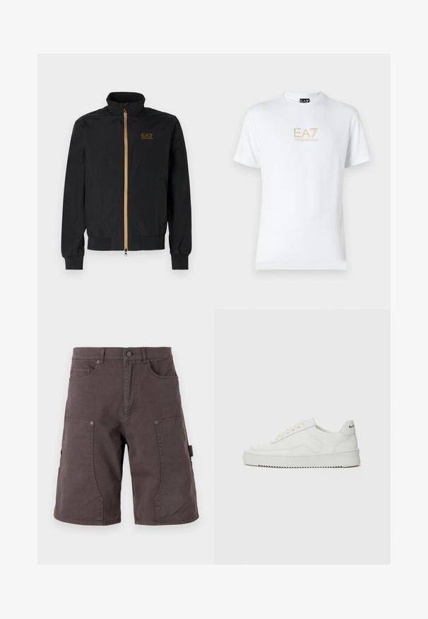 Chaqueta bomber negra hecha de una tela suave. Presenta un cuello alto, cremallera dorada y el logo de EA7 en el lado izquierdo del pecho. Puños y dobladillo elásticos.; Camiseta blanca de algodón con escote redondo y mangas cortas, con un logo dorado de EA7 Emporio Armani impreso en el frente.; Pantalones cortos cargo de color gris oscuro, fabricados en algodón, con bolsillos delanteros, bolsillos laterales cargo, cierre de botón y detalle de costura en las piernas.; Zapatilla de cuero blanca con un acabado suave, puntera redonda, cordones planos y suela texturizada. Cuenta con un sutil logo en el talón.