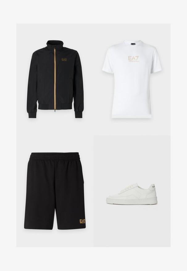 Svart bomberjacka i mjukt tyg. Har en hög krage, gyllene dragkedja och EA7-logotyp på vänster bröst. Elastiska ärmslut och nederkant.; Vit bomull t-shirt med rund halsringning och korta ärmar, med en guld EA7 Emporio Armani-logotyp tryckt på framsidan.; Svarta träningsshorts i mjukt tyg, med ett elastiskt midjeband och en liten gul EA7-logotyp på nedre vänstra benet.; Vita lädersneakers med en jämn yta, rund tå, platta snörningar och en strukturerad sula. Har en diskret logotyp på hälen.