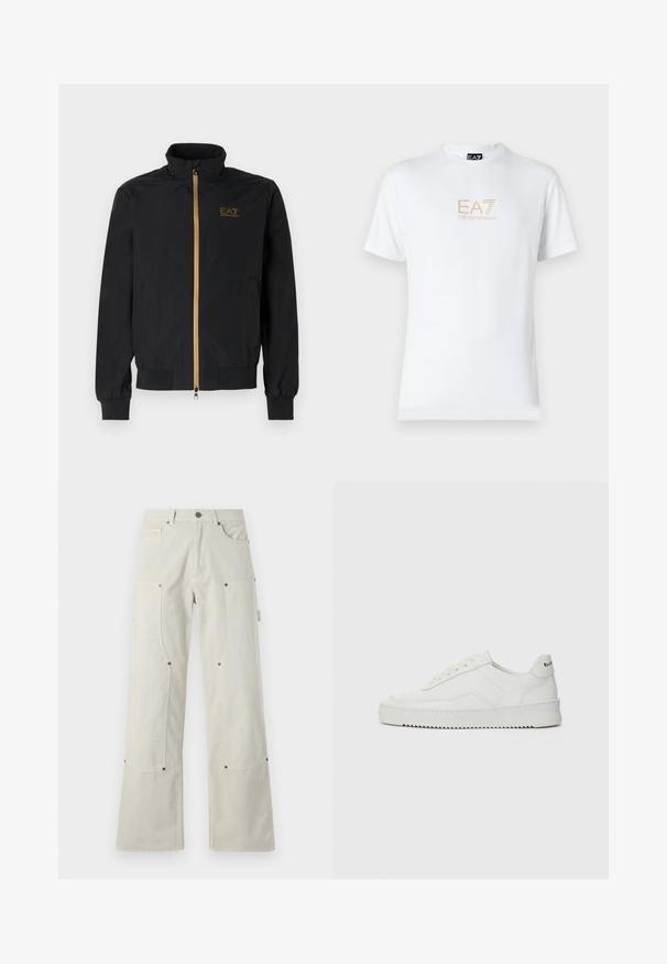 Schwarze Bomberjacke aus glattem Stoff. Verfügt über einen hohen Kragen, einen goldenen Reißverschluss und ein EA7-Logo auf der linken Brust. Elastische Bündchen und Saum.; Weißes Baumwoll-T-Shirt mit Rundhalsausschnitt und kurzen Ärmeln, mit einem goldenen EA7 Emporio Armani-Logo auf der Vorderseite.; Weite, hellbeige Hosen aus Baumwolle mit glatter Textur, ausgestattet mit aufgesetzten Taschen und Metallelementen.; Weiße Ledersneaker mit glatter Oberfläche, runder Zehenpartie, flachen Schnürsenkeln und strukturiertem Sohlenprofil. Mit einem dezenten Logo an der Ferse.