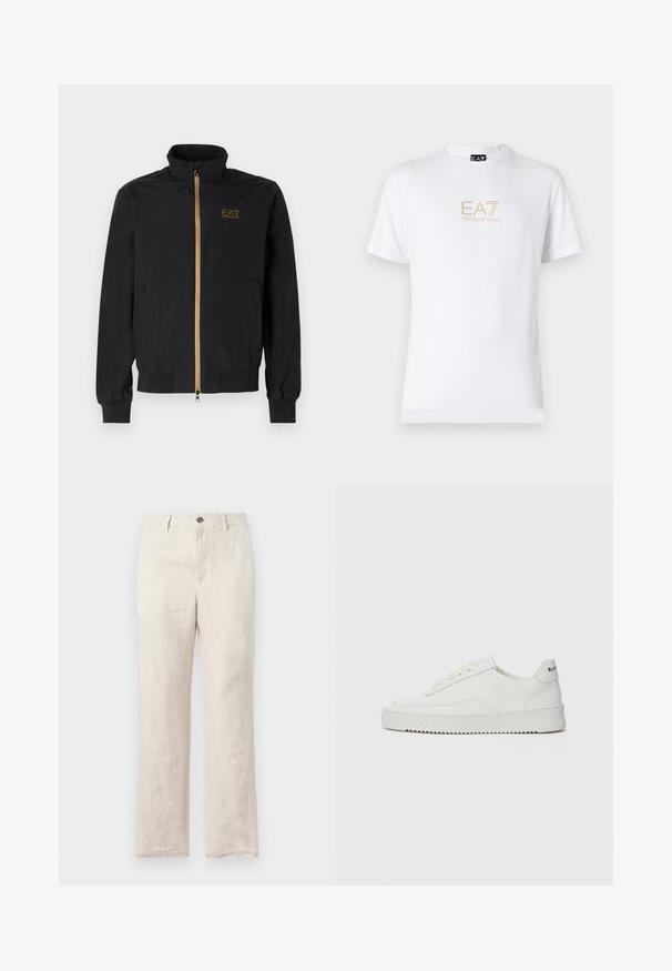 Black bomber jacket made from smooth fabric. Features a high collar, gold zipper, and EA7 logo on the left chest. Elastic cuffs and hem.; White cotton t-shirt featuring a round neckline and short sleeves, with a gold EA7 Emporio Armani logo printed on the front.; Linen pants in a light beige hue, featuring a straight-leg design, front pockets, and a single button closure at the waist.; White leather sneaker with a smooth finish, round toe, flat laces, and a textured sole. Features a subtle logo on the heel.