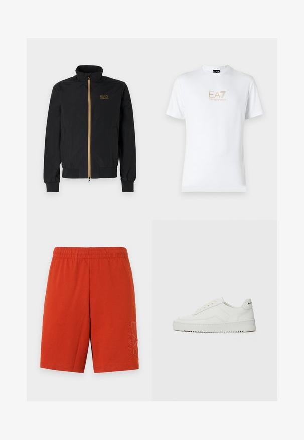 Mustat pommikotelotakki, joka on valmistettu sileästä kankaasta. Ominaisuuksiin kuuluu korkea kaulus, kultainen vetoketju ja EA7-logo vasemmassa rinnassa. Elastiset hihansuut ja helma.; Valkoinen puuvillapaita, jossa on pyöreä kaula-aukko ja lyhyet hihansuut. Paidassa on etupuolella kultainen EA7 Emporio Armani -logo.; Punaiset puuvillashortsit, joissa on joustava vyötärö. Vasemmassa lahkeessa on painettu logo. Sileä tekstuuri, polven yläpuolelle ulottuvat.; Valkoinen nahkakenkä, jossa on sileä pinta, pyöreä kärki, tasaiset nauhat ja teksturoitu pohja. Sisältää huomaamattoman logon kantapäässä.