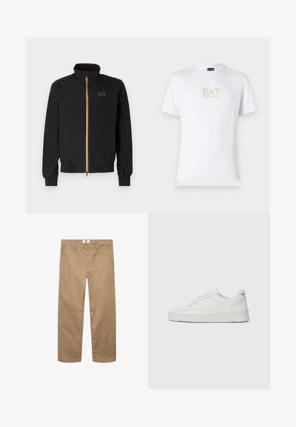 Črna bomber jakna iz gladkega materiala. Ima visok ovratnik, zlat zadrgo in logotip EA7 na levi prsni strani. Elastični manšeti in spodnji rob.; Bela bombažna majica s krožnim izrezom in kratkimi rokavi, s pozlačenim logotipom EA7 Emporio Armani natisnjenim spredaj.; Khaški bombažni hlače s ravnim rezom, z enim gumbom za zapiranje, pasnimi zankami in dvema stranskima žepoma. Gladka tekstura.; Bela usnjena športna obutev z gladko površino, okroglo prst, ravne vezalke in teksturiran podplat. Ima diskretno logo na peti.
