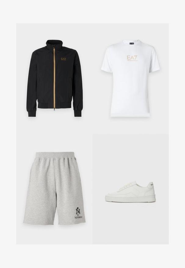 Veste pilote noire en tissu lisse. Dotée d'un col montant, d'une fermeture éclair dorée et du logo EA7 sur la poitrine gauche. Manches et ourlet élastiques.; T-shirt en coton blanc avec un col rond et des manches courtes, orné d'un logo doré EA7 Emporio Armani imprimé sur le devant.; Shorts en coton gris avec une taille élastique, arborant un logo noir sur le bas à gauche qui indique "No Problemo" et des bordures brutes.; Baskets en cuir blanc avec une finition lisse, bout arrondi, lacets plats et semelle texturée. Présente un logo discret sur le talon.