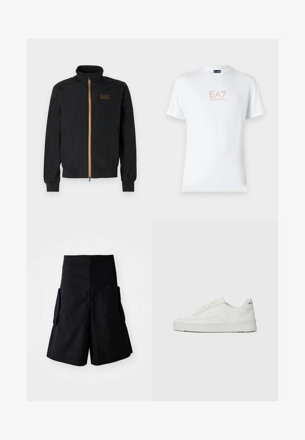 Črna bomber jakna iz gladkega materiala. Ima visok ovratnik, zlat zadrgo in logotip EA7 na levi prsni strani. Elastični manšeti in spodnji rob.; Bela bombažna majica s krožnim izrezom in kratkimi rokavi, s pozlačenim logotipom EA7 Emporio Armani natisnjenim spredaj.; A-COLD-WALL* FORM SHORT - Kratke hlače - black onyx; Bela usnjena športna obutev z gladko površino, okroglo prst, ravne vezalke in teksturiran podplat. Ima diskretno logo na peti.