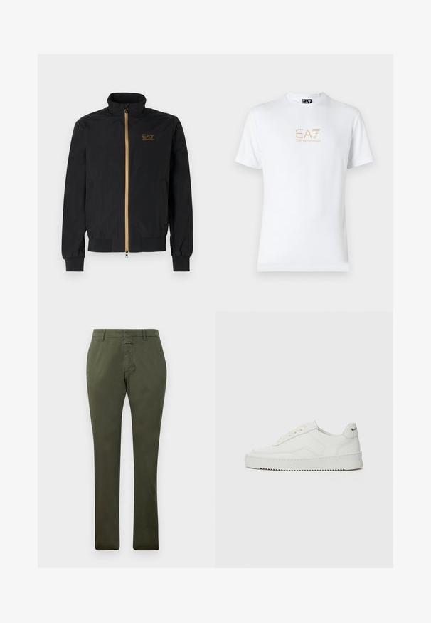 Svart bomberjacka i mjukt tyg. Har en hög krage, gyllene dragkedja och EA7-logotyp på vänster bröst. Elastiska ärmslut och nederkant.; Vit bomull t-shirt med rund halsringning och korta ärmar, med en guld EA7 Emporio Armani-logotyp tryckt på framsidan.; Olivgrön raka byxor med bältesslingor, dragkedja framtill och knäppning, uppställda mot en enfärgad vit bakgrund.; Vita lädersneakers med en jämn yta, rund tå, platta snörningar och en strukturerad sula. Har en diskret logotyp på hälen.