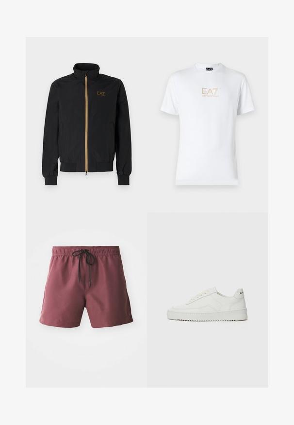 Fekete bomber dzseki sima szövetből. Magas gallérral, arany cipzárral és az EA7 logóval a bal mellen. Rugalmas mandzsetták és alj.; Fehér pamut póló, kerek nyakkivágással és rövid ujjakkal, az elején arany EA7 Emporio Armani logóval nyomtatva.; Burgundi színű úszónadrág, rugalmas derékkal és fekete zsinórral. Oldalt zsebekkel és sima, könnyű anyaggal rendelkezik.; Fehér bőr sportcipő sima felülettel, kerek orral, lapos fűzőkkel és texturált talppal. Finom logó található a sarokon.