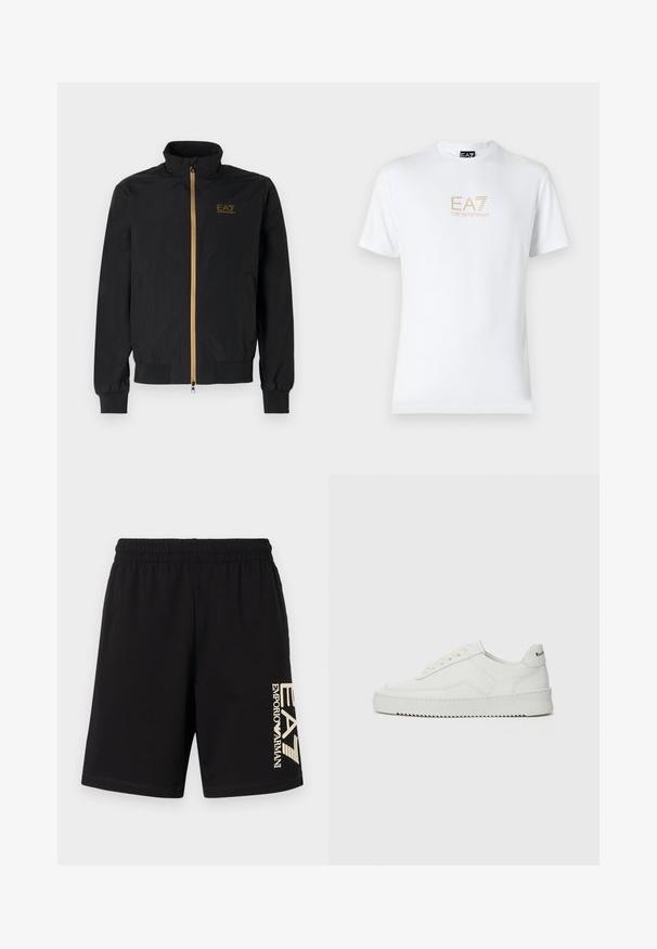 Černá bomber bunda vyrobená z hladké látky. Má vysoký límec, zlatý zip a logo EA7 na levé hrudi. Elastické manžety a lem.; Bílé bavlněné tričko s kulatým výstřihem a krátkým rukávem, na přední straně s potiskem zlatého loga EA7 Emporio Armani.; Černé šortky s elastickým pasem, vyrobené z hladkého materiálu. Na levé straně mají vertikálně potištěné zlaté logo.; Bílé kožené tenisky s hladkým povrchem, kulatou špičkou, plochými tkaničkami a texturovanou podrážkou. Na patě se nachází nenápadné logo.