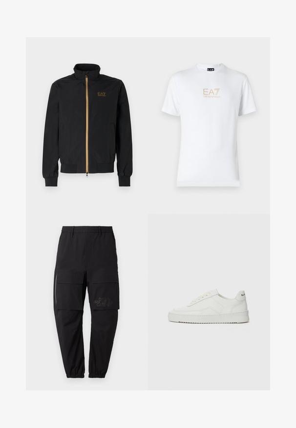 Black bomber jacket made from smooth fabric. Features a high collar, gold zipper, and EA7 logo on the left chest. Elastic cuffs and hem.; White cotton t-shirt featuring a round neckline and short sleeves, with a gold EA7 Emporio Armani logo printed on the front.; Black cargo pants with an elastic waistband, featuring multiple side pockets, a zipper detail, and a subtle printed logo on the thigh.; White leather sneaker with a smooth finish, round toe, flat laces, and a textured sole. Features a subtle logo on the heel.