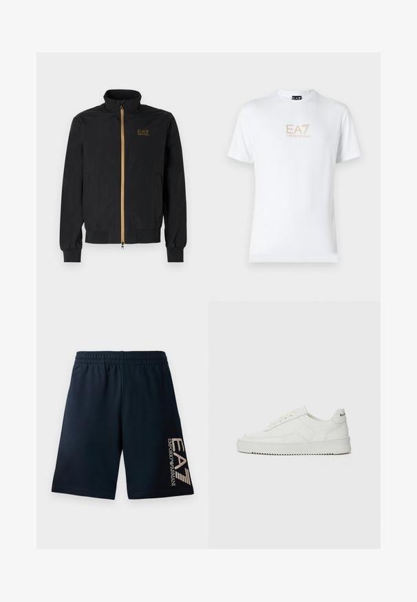 Černá bomber bunda vyrobená z hladké látky. Má vysoký límec, zlatý zip a logo EA7 na levé hrudi. Elastické manžety a lem.; Bílé bavlněné tričko s kulatým výstřihem a krátkým rukávem, na přední straně s potiskem zlatého loga EA7 Emporio Armani.; Námořnické modré pánské kraťasy vyrobené z měkké tkaniny, s elastickým pasem a výrazným logem EA7 potištěným světlou barvou na levé noze.; Bílé kožené tenisky s hladkým povrchem, kulatou špičkou, plochými tkaničkami a texturovanou podrážkou. Na patě se nachází nenápadné logo.