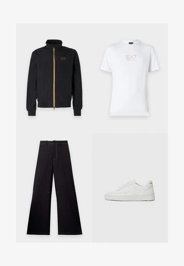Čierna bomber bunda vyrobená z hladkej látky. Má vysoký golier, zlatý zips a logo EA7 na ľavej hrudi. Elastické manžety a lem.; Biela bavlnená tričko s okrúhlym výstrihom a krátkymi rukávmi, na prednej strane s potlačou zlatého loga EA7 Emporio Armani.; Čierne nohavice s širokými nohavicami a bielymi švami, s uzatváraním na gombík a opaskom s pútkami. Vyrobené z ľahkého materiálu.; Biele kožené tenisky s hladkým povrchom, okrúly špičkový dizajn, ploché šnúrky a textúrovaná podrážka. Obsahujú jemné logo na päte.