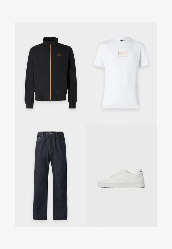 Chaqueta bomber negra hecha de una tela suave. Presenta un cuello alto, cremallera dorada y el logo de EA7 en el lado izquierdo del pecho. Puños y dobladillo elásticos.; Camiseta blanca de algodón con escote redondo y mangas cortas, con un logo dorado de EA7 Emporio Armani impreso en el frente.; Jeans de mezclilla azul oscuro con un corte recto, que cuentan con cinco bolsillos, costuras sutiles y un cierre de botón en la cintura.; Zapatilla de cuero blanca con un acabado suave, puntera redonda, cordones planos y suela texturizada. Cuenta con un sutil logo en el talón.