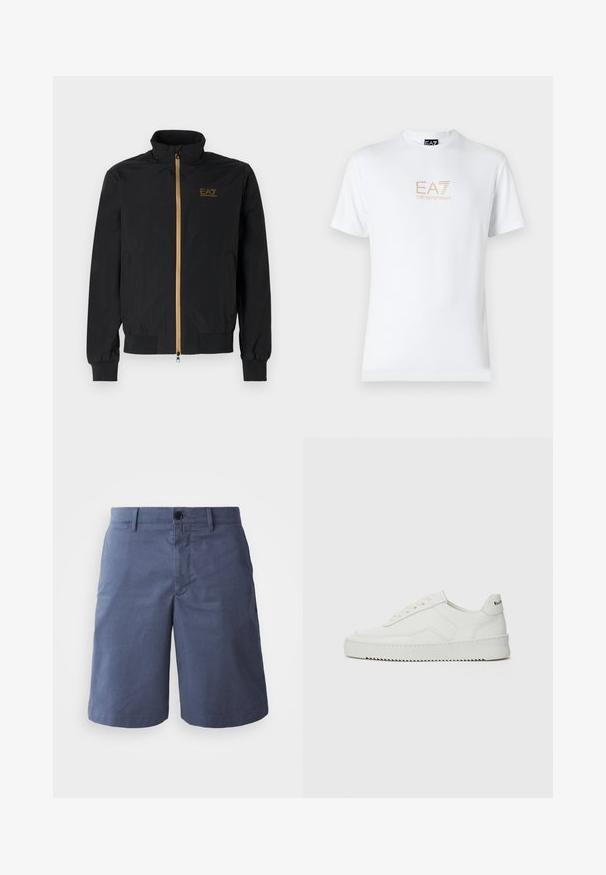 Černá bomber bunda vyrobená z hladké látky. Má vysoký límec, zlatý zip a logo EA7 na levé hrudi. Elastické manžety a lem.; Bílé bavlněné tričko s kulatým výstřihem a krátkým rukávem, na přední straně s potiskem zlatého loga EA7 Emporio Armani.; Námořnické modré bavlněné šortky s plochým předním dílem, jednou knoflíkovou sponou, dvěma bočními kapsami a rovnou nohavicí. Hladká textura, žádné viditelné vzory.; Bílé kožené tenisky s hladkým povrchem, kulatou špičkou, plochými tkaničkami a texturovanou podrážkou. Na patě se nachází nenápadné logo.