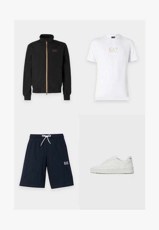 Black bomber jacket made from smooth fabric. Features a high collar, gold zipper, and EA7 logo on the left chest. Elastic cuffs and hem.; White cotton t-shirt featuring a round neckline and short sleeves, with a gold EA7 Emporio Armani logo printed on the front.; Navy blue shorts made of soft fabric with an elastic waistband and white drawstring. Features a small white logo on the lower left side.; White leather sneaker with a smooth finish, round toe, flat laces, and a textured sole. Features a subtle logo on the heel.