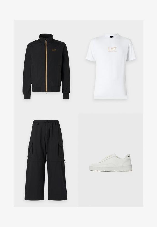 Fekete bomber dzseki sima szövetből. Magas gallérral, arany cipzárral és az EA7 logóval a bal mellen. Rugalmas mandzsetták és alj.; Fehér pamut póló, kerek nyakkivágással és rövid ujjakkal, az elején arany EA7 Emporio Armani logóval nyomtatva.; Fekete cargo nadrág széles lábakkal, elasztikus derékpánttal és több oldalsó zsebbel. Könnyű szövetből készült, sima tapintással.; Fehér bőr sportcipő sima felülettel, kerek orral, lapos fűzőkkel és texturált talppal. Finom logó található a sarokon.