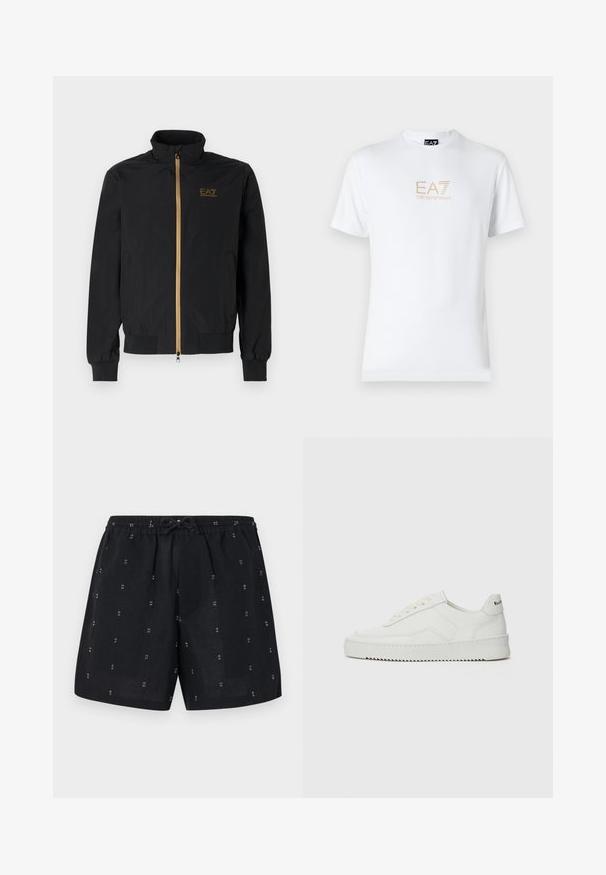 Zwarte bomberjack gemaakt van soepel materiaal. Heeft een hoge kraag, gouden ritssluiting en EA7-logo op de linkerkant van de borst. Elastische cuffs en onderrand.; Witte katoenen t-shirt met een ronde halslijn en korte mouwen, voorzien van een gouden EA7 Emporio Armani-logo op de voorkant.; Zwarte linnen shorts met een elastische tailleband en trekkoord. Heeft kleine witte geometrische patronen door de stof.; Witte leren sneaker met een gladde afwerking, ronde neus, platte veters en een gestructureerde zool. Kenmerkt zich door een subtiel logo op de hiel.