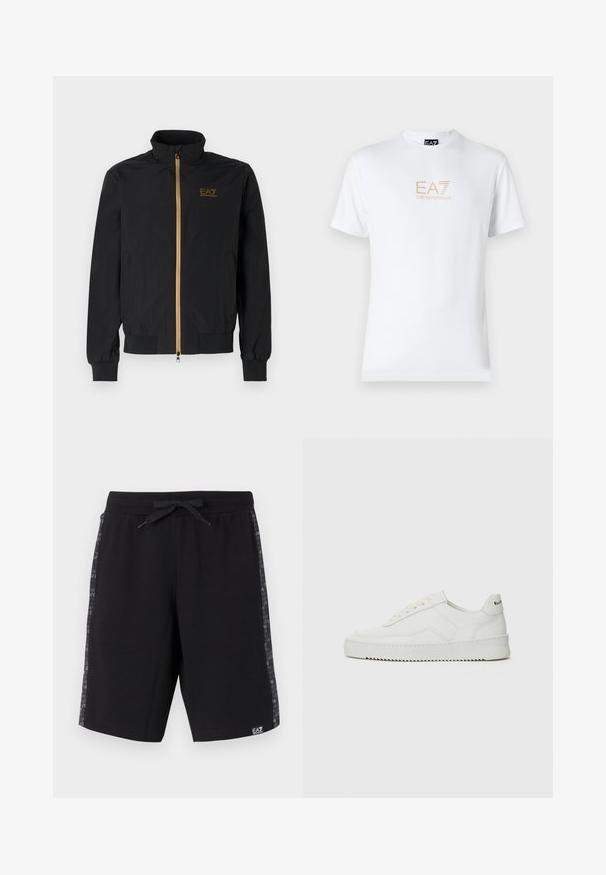 Mustat pommikotelotakki, joka on valmistettu sileästä kankaasta. Ominaisuuksiin kuuluu korkea kaulus, kultainen vetoketju ja EA7-logo vasemmassa rinnassa. Elastiset hihansuut ja helma.; Valkoinen puuvillapaita, jossa on pyöreä kaula-aukko ja lyhyet hihansuut. Paidassa on etupuolella kultainen EA7 Emporio Armani -logo.; Mustat urheilushortsit, jotka on valmistettu pehmeästä kankaasta, ja joissa on nyörikiinnitys vyötäröllä sekä sivupaneelit, joissa toistuu logo-teksti tummanharmaana.; Valkoinen nahkakenkä, jossa on sileä pinta, pyöreä kärki, tasaiset nauhat ja teksturoitu pohja. Sisältää huomaamattoman logon kantapäässä.