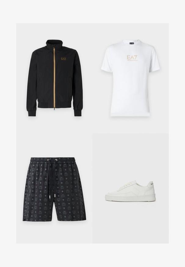 Black bomber jacket made from smooth fabric. Features a high collar, gold zipper, and EA7 logo on the left chest. Elastic cuffs and hem.; White cotton t-shirt featuring a round neckline and short sleeves, with a gold EA7 Emporio Armani logo printed on the front.; Black swim shorts featuring a repeated logo pattern and diamond shapes. Made of lightweight material, with an elastic waistband and drawstring.; White leather sneaker with a smooth finish, round toe, flat laces, and a textured sole. Features a subtle logo on the heel.