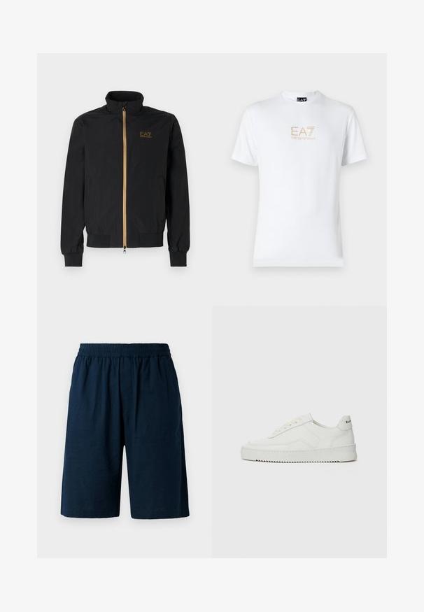 Giacca bomber nera realizzata in tessuto liscio. Presenta un alto colletto, una cerniera dorata e il logo EA7 sul lato sinistro del petto. Polsini e orlo elasticizzati.; T-shirt bianco in cotone con scollatura rotonda e maniche corte, con il logo oro EA7 Emporio Armani stampato sul fronte.; Shorts blu navy realizzati in tessuto leggero, dotati di una vita elastica e di una vestibilità comoda, con due tasche laterali.; Sneaker in pelle bianca con una finitura liscia, punta rotonda, lacci piatti e suola testurizzata. Presenta un logo discreto sul tallone.