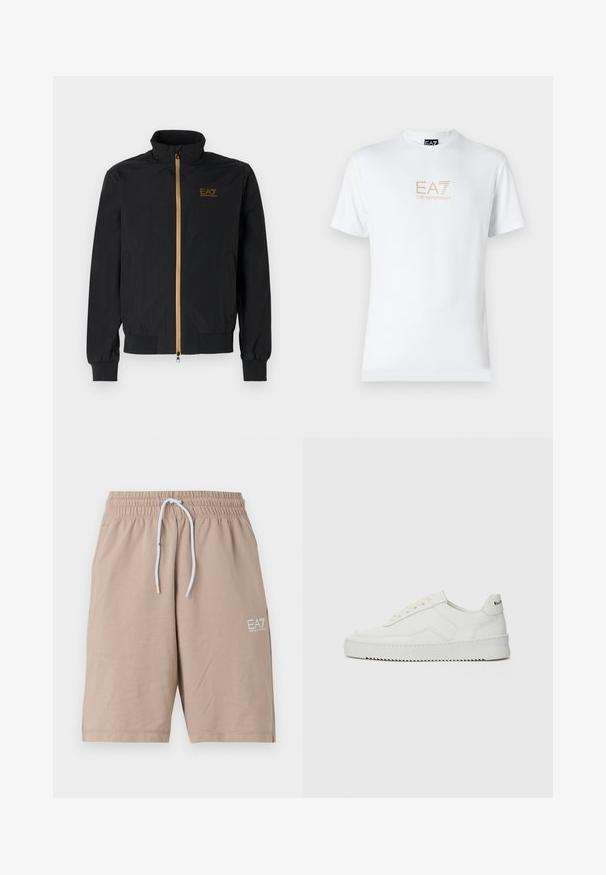 Črna bomber jakna iz gladkega materiala. Ima visok ovratnik, zlat zadrgo in logotip EA7 na levi prsni strani. Elastični manšeti in spodnji rob.; Bela bombažna majica s krožnim izrezom in kratkimi rokavi, s pozlačenim logotipom EA7 Emporio Armani natisnjenim spredaj.; Bež kratke hlače iz mehkega materiala z elastičnim pasom, belim vezalko in majhnim belim logotipom EA7 na strani.; Bela usnjena športna obutev z gladko površino, okroglo prst, ravne vezalke in teksturiran podplat. Ima diskretno logo na peti.