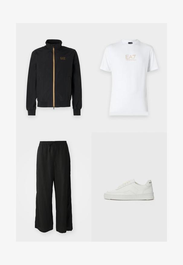 Zwarte bomberjack gemaakt van soepel materiaal. Heeft een hoge kraag, gouden ritssluiting en EA7-logo op de linkerkant van de borst. Elastische cuffs en onderrand.; Witte katoenen t-shirt met een ronde halslijn en korte mouwen, voorzien van een gouden EA7 Emporio Armani-logo op de voorkant.; Zwarte wijde broek gemaakt van lichte stof. Elastische tailleband met een koord. Heeft zijsplitten nabij de zoom voor gemakkelijke beweging.; Witte leren sneaker met een gladde afwerking, ronde neus, platte veters en een gestructureerde zool. Kenmerkt zich door een subtiel logo op de hiel.
