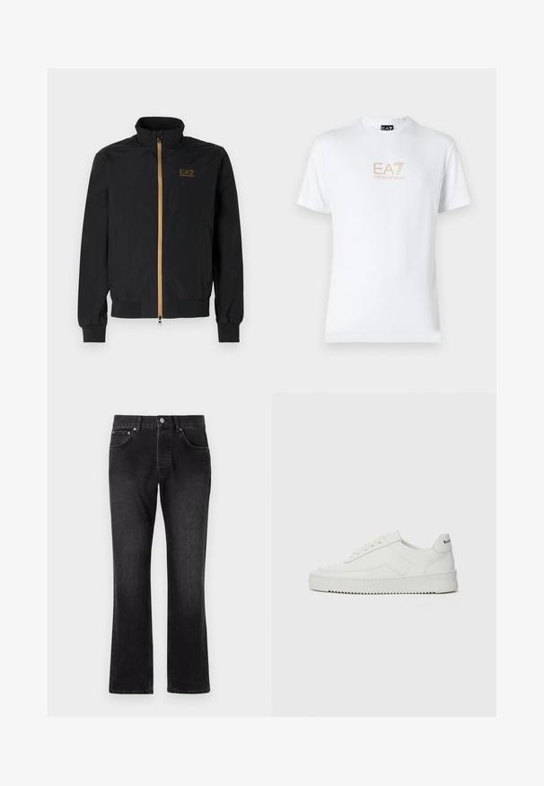 Mustmust värvi bomber-jakk, mis on valmistatud siledast kangast. Omab kõrget kraed, kuldset tõmbluku ja EA7 logo vasakul rinnal. Elastsed mansetid ja ilmakaared.; Valge puuvillane T-särk, millel on ümmargune kaelus ja lühikesed varrukad, ning mille esiosal on kuldne EA7 Emporio Armani logo.; Mustast denimist valmistatud sirge lõikega teksapüksid, millel on keskmise tõusuga vöökoht, esikotid ning klassikaline nööpidega sulgemine.; Valge nahast tennis, millel on sile põhi, ümar varvas, lamedad nöörid ja tekstuuriline tall. Sisaldab diskreetset logo kontsaribal.