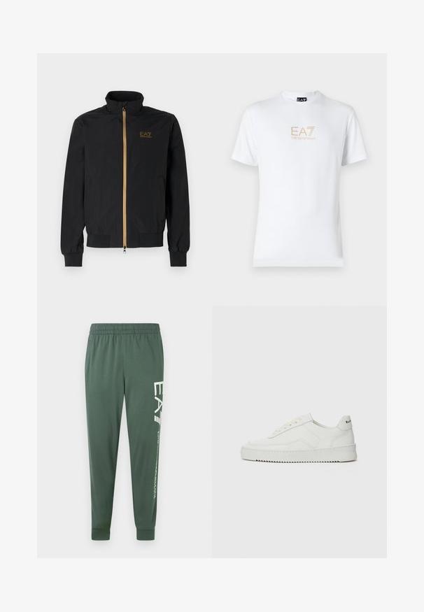 Czarna kurtka bomberka wykonana z gładkiego materiału. Ma wysoki kołnierz, złoty zamek błyskawiczny oraz logo EA7 na lewej piersi. Elastyczne mankiety i dół.; Biała bawełniana koszulka z okrągłym dekoltem i krótkimi rękawami, z nadrukowanym z przodu złotym logo EA7 Emporio Armani.; Zielone sportowe spodnie z elastycznym paskiem w talii, zwężanym krojem i białym logo na lewej nogawce; gładka, lekka tkanina.; Białe skórzane sneakersy o gładkim wykończeniu, okrągłym nosku, płaskich sznurówkach i teksturowanej podeszwie. Charakteryzują się delikatnym logo na pięcie.