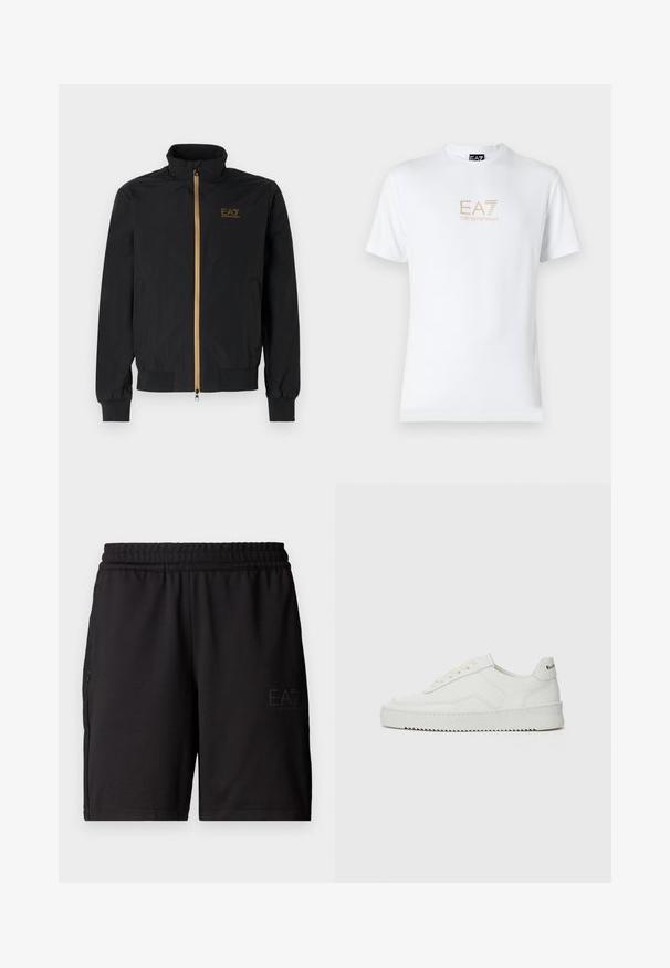 Černá bomber bunda vyrobená z hladké látky. Má vysoký límec, zlatý zip a logo EA7 na levé hrudi. Elastické manžety a lem.; Bílé bavlněné tričko s kulatým výstřihem a krátkým rukávem, na přední straně s potiskem zlatého loga EA7 Emporio Armani.; Černé sportovní šortky vyrobené z lehkého materiálu, s elastickým pasem a bočními panely z síťoviny. Na přední straně je vytištěno logo značky.; Bílé kožené tenisky s hladkým povrchem, kulatou špičkou, plochými tkaničkami a texturovanou podrážkou. Na patě se nachází nenápadné logo.