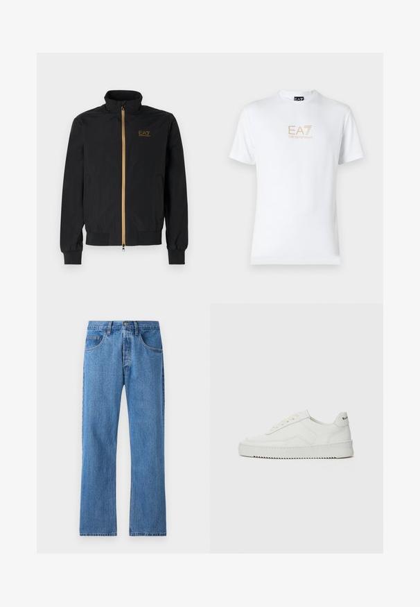 Černá bomber bunda vyrobená z hladké látky. Má vysoký límec, zlatý zip a logo EA7 na levé hrudi. Elastické manžety a lem.; Bílé bavlněné tričko s kulatým výstřihem a krátkým rukávem, na přední straně s potiskem zlatého loga EA7 Emporio Armani.; Modré džíny z denimu se středním střihem nohavic, pěti kapsami, zapínáním na knoflík a jemným vyblednutím. Mají standardní šití a pás s poutky na opasek.; Bílé kožené tenisky s hladkým povrchem, kulatou špičkou, plochými tkaničkami a texturovanou podrážkou. Na patě se nachází nenápadné logo.