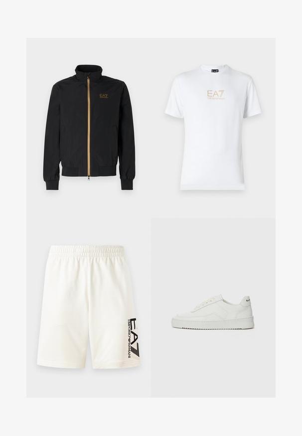 Black bomber jacket made from smooth fabric. Features a high collar, gold zipper, and EA7 logo on the left chest. Elastic cuffs and hem.; White cotton t-shirt featuring a round neckline and short sleeves, with a gold EA7 Emporio Armani logo printed on the front.; White cotton shorts with an elastic waistband, featuring a black logo printed on the left side. Straight cut with no visible patterns.; White leather sneaker with a smooth finish, round toe, flat laces, and a textured sole. Features a subtle logo on the heel.