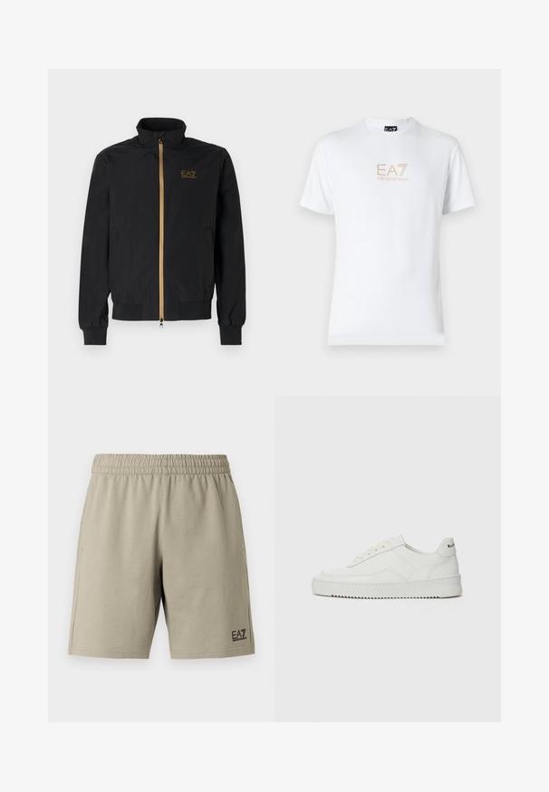 Mustat pommikotelotakki, joka on valmistettu sileästä kankaasta. Ominaisuuksiin kuuluu korkea kaulus, kultainen vetoketju ja EA7-logo vasemmassa rinnassa. Elastiset hihansuut ja helma.; Valkoinen puuvillapaita, jossa on pyöreä kaula-aukko ja lyhyet hihansuut. Paidassa on etupuolella kultainen EA7 Emporio Armani -logo.; Vaaleanbeiget shortsit, valmistettu pehmeästä kankaasta, joissa on joustava vyötärönauha ja sivutaskut. Alaosassa pieni musta logo.; Valkoinen nahkakenkä, jossa on sileä pinta, pyöreä kärki, tasaiset nauhat ja teksturoitu pohja. Sisältää huomaamattoman logon kantapäässä.