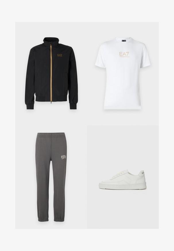 Fekete bomber dzseki sima szövetből. Magas gallérral, arany cipzárral és az EA7 logóval a bal mellen. Rugalmas mandzsetták és alj.; Fehér pamut póló, kerek nyakkivágással és rövid ujjakkal, az elején arany EA7 Emporio Armani logóval nyomtatva.; Szürke melegítőnadrág, rugalmas derékkal, szűkülő mandzsettákkal, és egy kis fehér logóval, amelyen az áll: "Billionaire Boy Club", a bal combján.; Fehér bőr sportcipő sima felülettel, kerek orral, lapos fűzőkkel és texturált talppal. Finom logó található a sarokon.