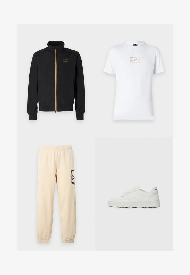 Sort bomberjakke lavet af glat stof. Har en høj krave, guld lynlås og EA7-logo på venstre bryst. Elastiske manchetter og kant.; Hvid bomulds t-shirt med rund halsudskæring og korte ærmer, prydet med et gold EA7 Emporio Armani logo trykt på forsiden.; Beige sweatpants med elastisk talje, smalle ben og et logo i sort på siden, lavet af blødt, letvægtsstof.; Hvide lædersneakers med en glat overflade, rund tå, flade snørebånd og en tekstureret sål. Har et diskret logo på hælen.
