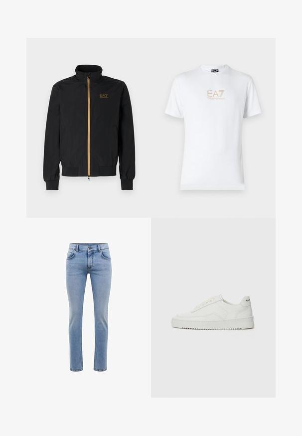 Čierna bomber bunda vyrobená z hladkej látky. Má vysoký golier, zlatý zips a logo EA7 na ľavej hrudi. Elastické manžety a lem.; Biela bavlnená tričko s okrúhlym výstrihom a krátkymi rukávmi, na prednej strane s potlačou zlatého loga EA7 Emporio Armani.; Svetlomodré džínsy s úzkym strihom, piatimi vreckami a rovnými nohavicami. Obsahujú zips a pásky na opasok. Mäkká textúra.; Biele kožené tenisky s hladkým povrchom, okrúly špičkový dizajn, ploché šnúrky a textúrovaná podrážka. Obsahujú jemné logo na päte.