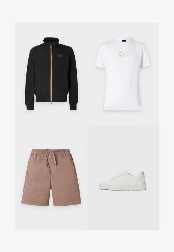 Črna bomber jakna iz gladkega materiala. Ima visok ovratnik, zlat zadrgo in logotip EA7 na levi prsni strani. Elastični manšeti in spodnji rob.; Bela bombažna majica s krožnim izrezom in kratkimi rokavi, s pozlačenim logotipom EA7 Emporio Armani natisnjenim spredaj.; Svetlo rjavi šortiji iz mehke tkanine z elastičnim pasom in vrvico. Imajo stranske žepe in sproščen kroj.; Bela usnjena športna obutev z gladko površino, okroglo prst, ravne vezalke in teksturiran podplat. Ima diskretno logo na peti.