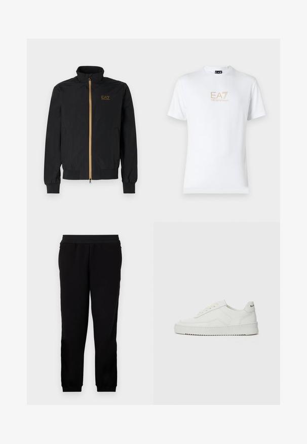 Black bomber jacket made from smooth fabric. Features a high collar, gold zipper, and EA7 logo on the left chest. Elastic cuffs and hem.; White cotton t-shirt featuring a round neckline and short sleeves, with a gold EA7 Emporio Armani logo printed on the front.; Black sweatpants made from a soft material, featuring an elastic waistband, fitted cuffs, and side pockets for added convenience.; White leather sneaker with a smooth finish, round toe, flat laces, and a textured sole. Features a subtle logo on the heel.