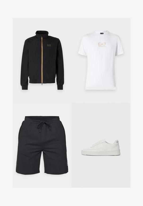 Černá bomber bunda vyrobená z hladké látky. Má vysoký límec, zlatý zip a logo EA7 na levé hrudi. Elastické manžety a lem.; Bílé bavlněné tričko s kulatým výstřihem a krátkým rukávem, na přední straně s potiskem zlatého loga EA7 Emporio Armani.; Černé sportovní šortky vyrobené z měkké látky, s páskem na stažení v pase, bočními kapsami a potiskem na bocích.; Bílé kožené tenisky s hladkým povrchem, kulatou špičkou, plochými tkaničkami a texturovanou podrážkou. Na patě se nachází nenápadné logo.