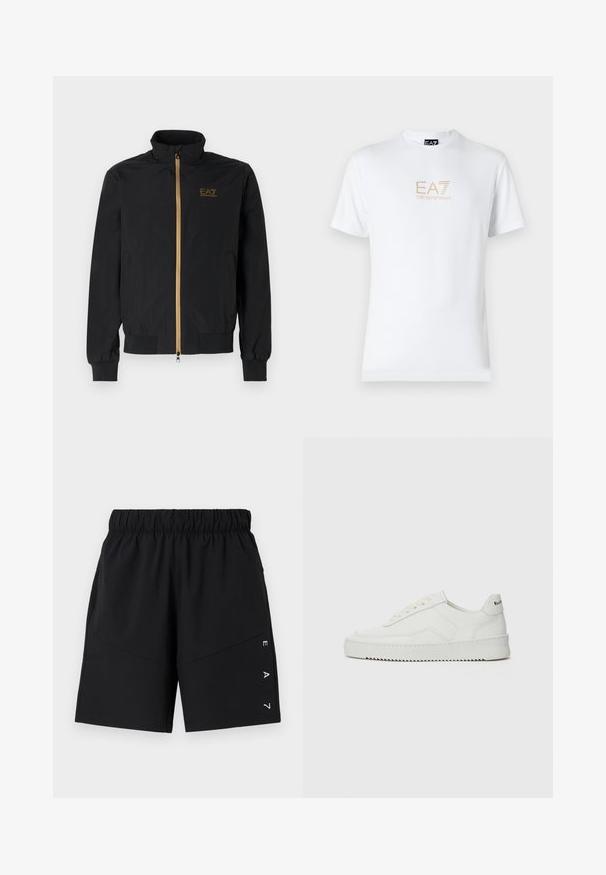 Črna bomber jakna iz gladkega materiala. Ima visok ovratnik, zlat zadrgo in logotip EA7 na levi prsni strani. Elastični manšeti in spodnji rob.; Bela bombažna majica s krožnim izrezom in kratkimi rokavi, s pozlačenim logotipom EA7 Emporio Armani natisnjenim spredaj.; Črne športne kratke hlače z elastičnim pasom, z stranskimi žepi in diagonalo z elementi, ki vključujejo črke "EA7" v belem.; Bela usnjena športna obutev z gladko površino, okroglo prst, ravne vezalke in teksturiran podplat. Ima diskretno logo na peti.