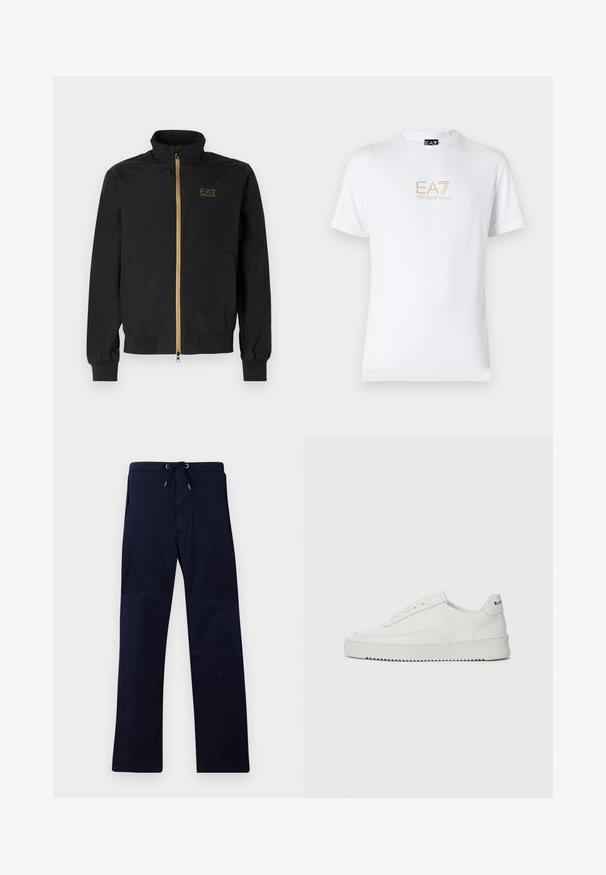 Svart bomberjacka i mjukt tyg. Har en hög krage, gyllene dragkedja och EA7-logotyp på vänster bröst. Elastiska ärmslut och nederkant.; Vit bomull t-shirt med rund halsringning och korta ärmar, med en guld EA7 Emporio Armani-logotyp tryckt på framsidan.; Marinblå byxor med dragsko i midjan, rak benmodell och en slät textur. Har sidofickor och förstärkt sömnad.; Vita lädersneakers med en jämn yta, rund tå, platta snörningar och en strukturerad sula. Har en diskret logotyp på hälen.